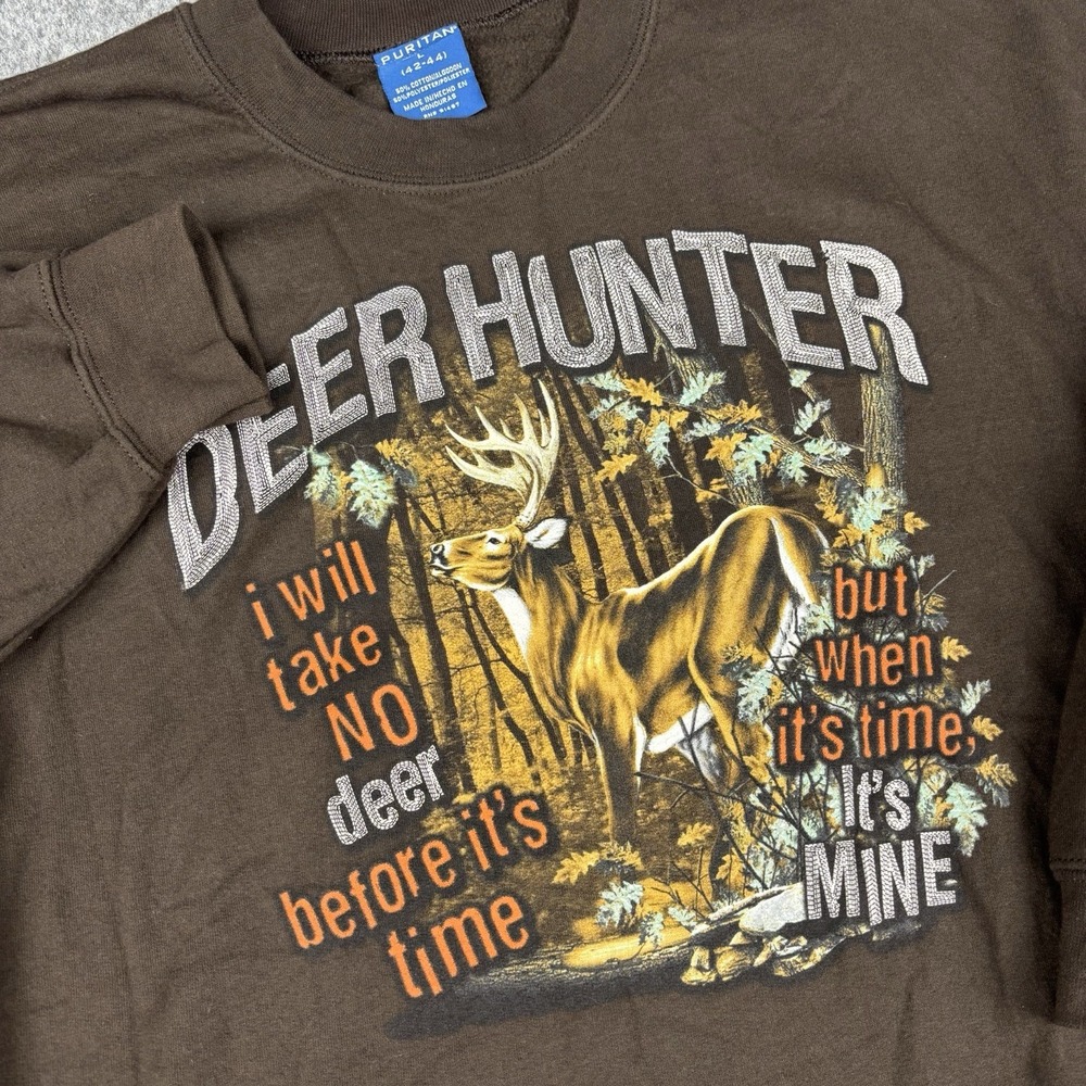 VTG Puritan Deer Hunting Sweatshirt Mens Large Brown Buck Fleece Outdoor Graphic